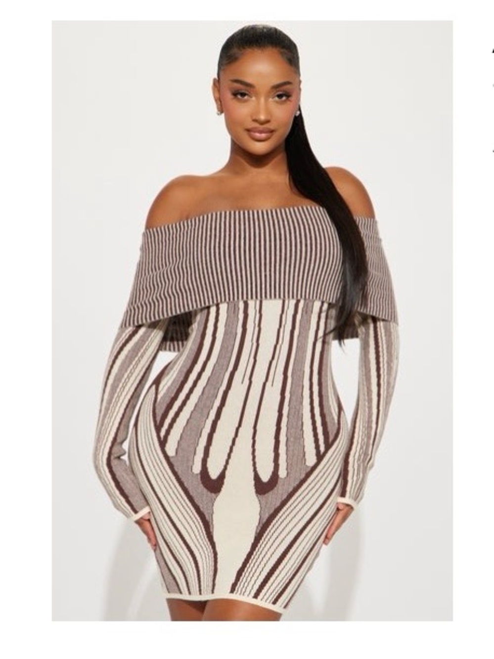 Fashion Nova Taupe & Cream Off-the-Shoulder Striped Knit Bodycon Sweater Dress